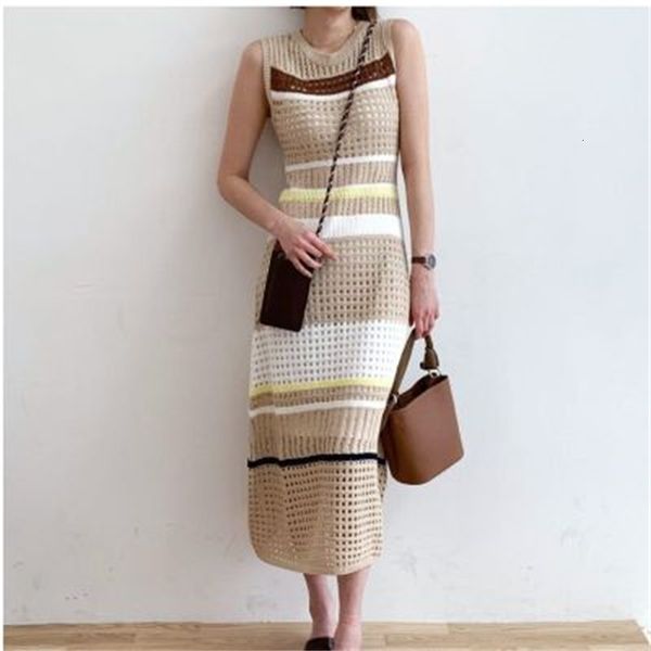 

casual dresses summer fashion hollow out knitted women sleeveless striped patchwork sweater mermaid dress vintage vyhv, Black;gray