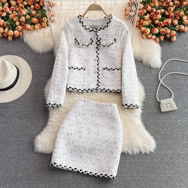 

two piece dress 2021 autumn and winter light luxury ladies small fragrance suit women tweed short coat skirt two-piece, White