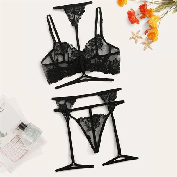 

woman flower lace underwire garter and thong bra ultrathin underwear set transparent bra set embroidery lingerie brassiere 211104, Red;black