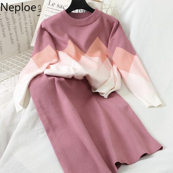 

two piece dress neploe casual 2 pcs women set o neck contrast color diamond plaid sweater + high waist hip skirt knit autumn winter chandal4, White