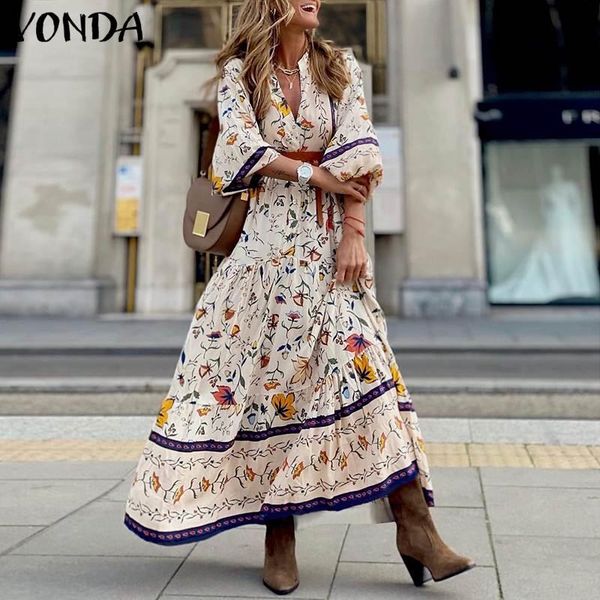 

casual dresses vonda 2021 women vintage floral print shirt dress button up party pleated long spring sleeve v neck vestidos, Black;gray