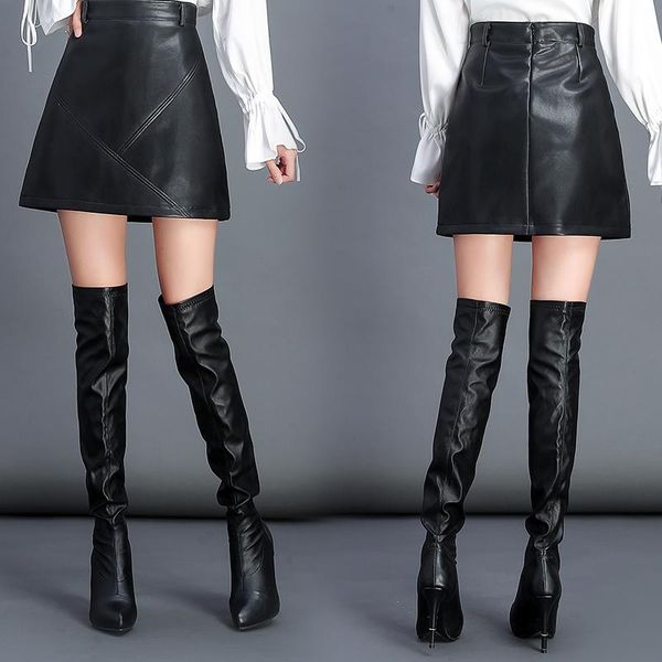

skirts 2021 spring ladies pu leather skirt short slim autumn ultra female zipper mini winter black orange