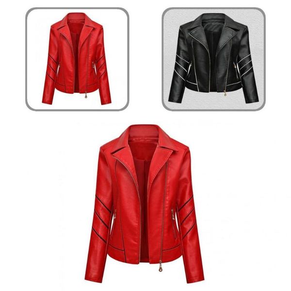 

women's leather & faux biker jacket turn-down collar lady smooth pockets great all match women coat, Black