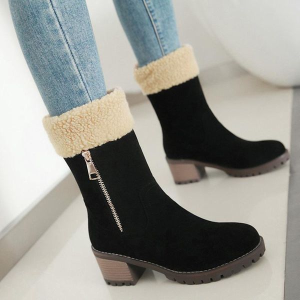 

boots winter for women warm fashion autumn snow shoes ladies female mid calf plus size botas femininas, Black