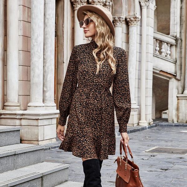 

foridol floral print long sleeve boho dress women winter short ladies black 2021 casual stand collar dresses, Black;gray