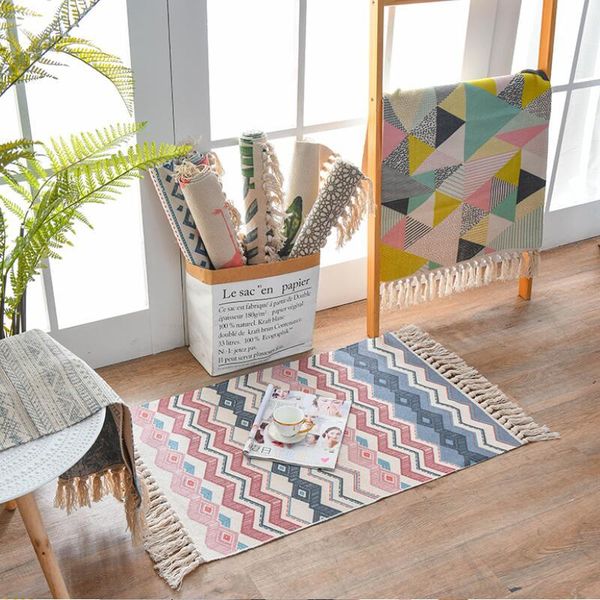 

carpets 60x90cm nordic cotton woven carpet tassels bedroom rug mat simple modern non-slip foot pad kitchen home decoration