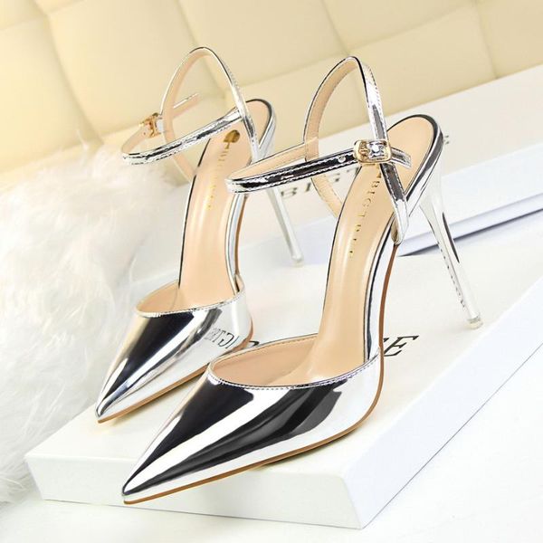 

summer fashion patent leather high heels sandals women concise pointed toe stiletto shallow ladies shoes sandalias big size, Black