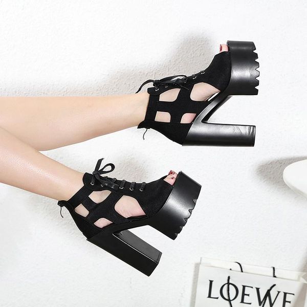 

dress shoes 15cm nightclub dj bar female singer ds performance cross strap thick heel super high waterproof platform sandals, Black