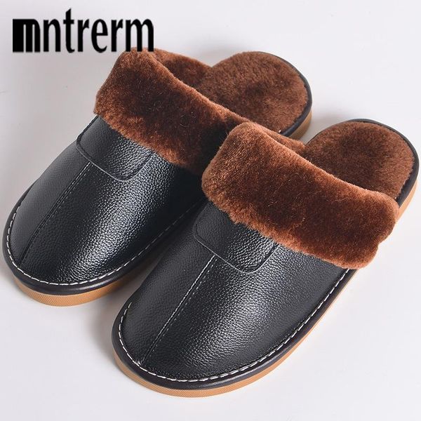 

slippers mntrerm winter plush warm genuine leather soft non-slip indoor outdoor home shoes cowhide for men and women, Black