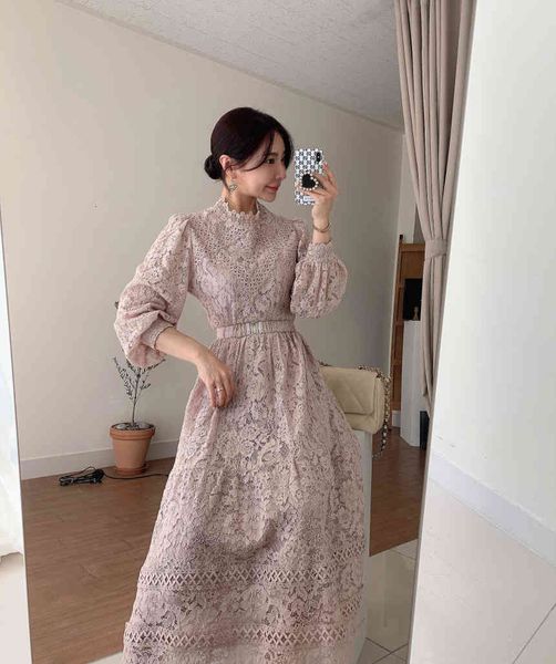 

casual dresses spring women's korean stand collar lace hook flower show thin high waist big swing dress kejl, Black;gray