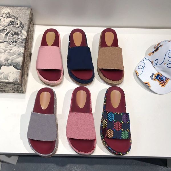 

2021 women designer slippers alphabet lady platform sandals summer beach sandal embroidered cotton slides thick bottom casual shoes with box, Black
