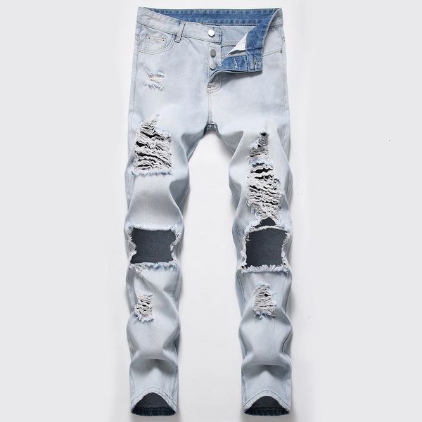 

jeans 2021 street personality big hole fashion men's wear white beggar's, Blue