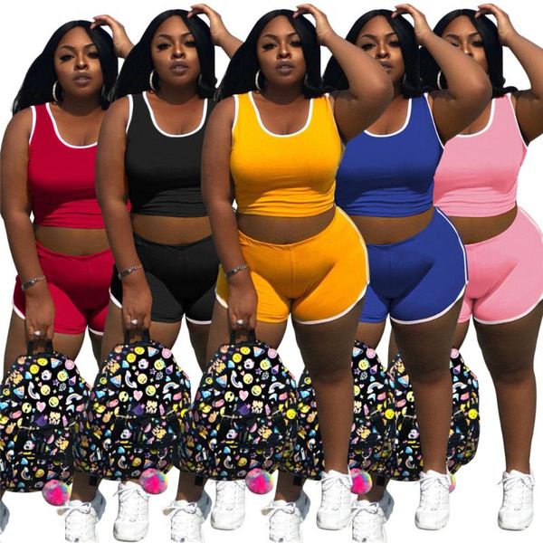 

plus size tracksuits 3xl 4xl sets for women's solid color vest sports stretch tight patchwork casual shorts suit wholesale drop, Black