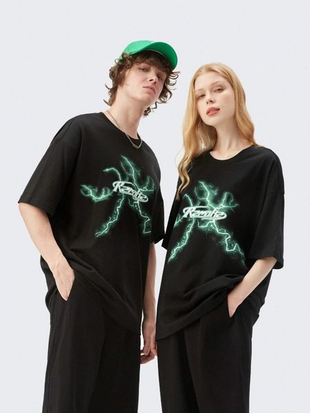 

men lightning & letter graphic drop shoulder tee f5sy#, White;black