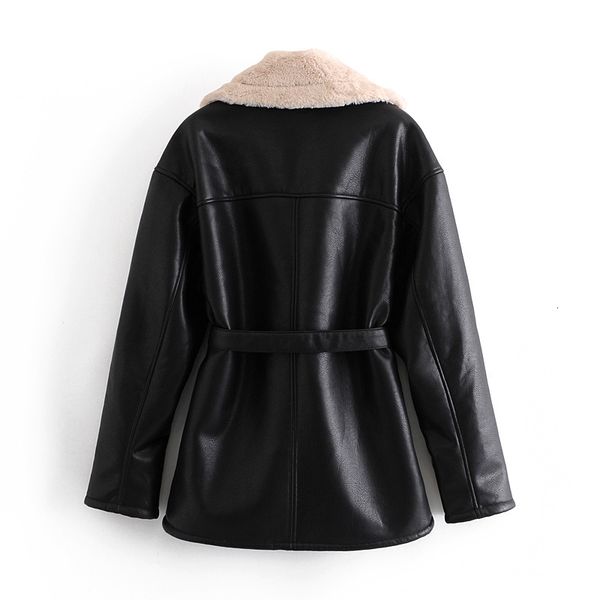 

wool winter women's faux leather long sleeve lapel thick warm jacket coat vintage windproof with belt locomotive chic female, Black
