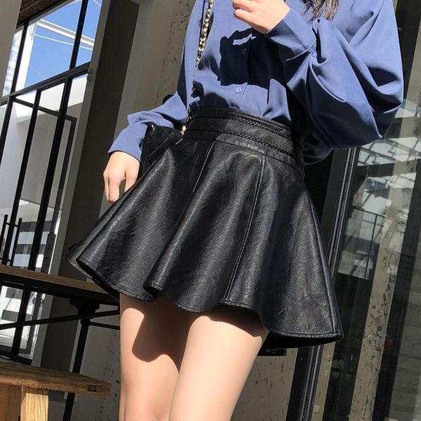 

skirts umbrella skirt leather women's autumn winter high waist a-line black shawl soft half length