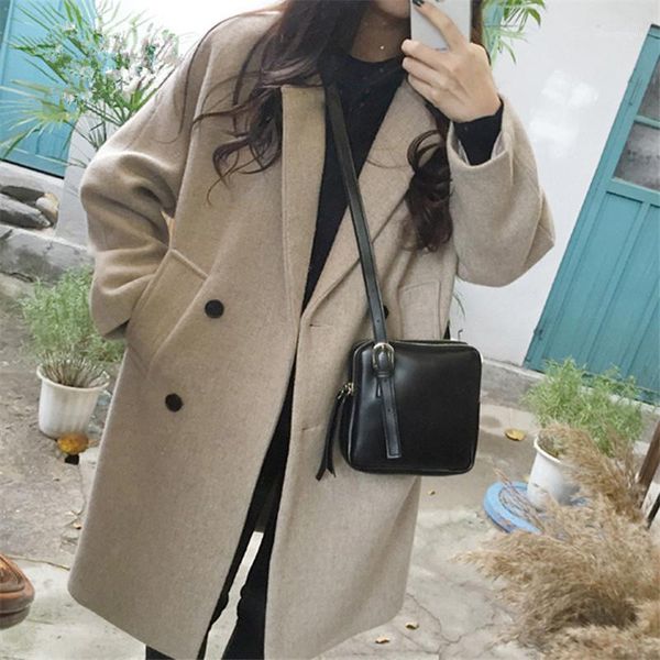 

women's wool & blends fashion women autumn woolen coat warm long sleeve lapel outwear female jacket winter casual elegant overcoat tide, Black