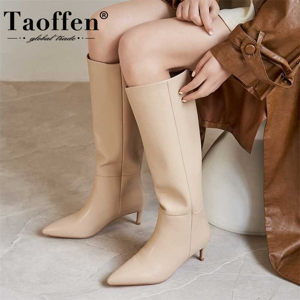 

taoffen 2022 women knee high boots real leather pointed toe thin heel slip on party club winter ladies footwear size 33-43 211103, Black