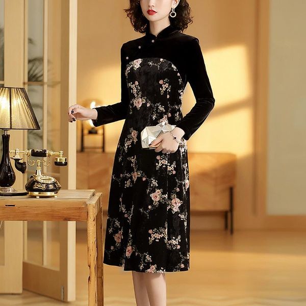 

casual dresses spring autumn dress women clothes 2021 print floral party vintage elegant vestidos robe femme hcl196083 yy2462, Black;gray