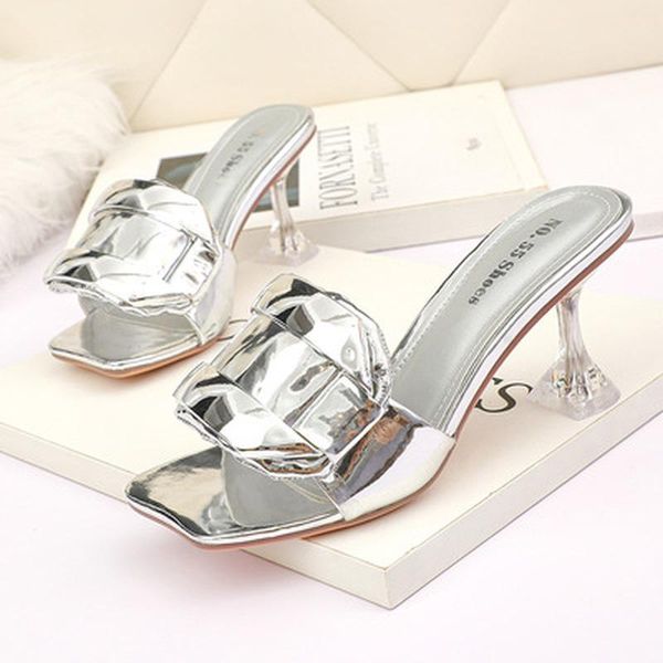 

dress shoes 2021 patent leather big diamond slippers women gold/silver summer pumps sandals glass high heels slides plus size 35-42, Black