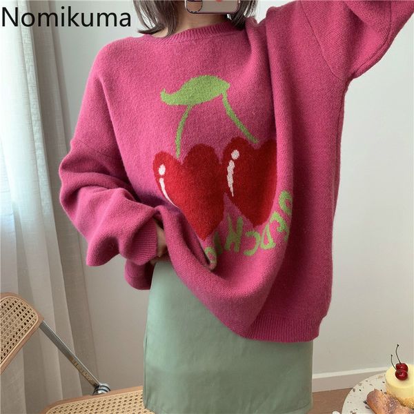

neploe autumn new korean o-neck women sweater cherry letters jacquard knitted pullover long sleeve causal pull femme 6c040 210427, White;black