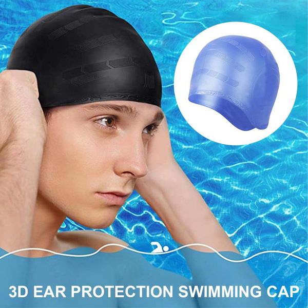 

2pcs swimming cap with 3d ear protection durable silicone soft short/long hair caps