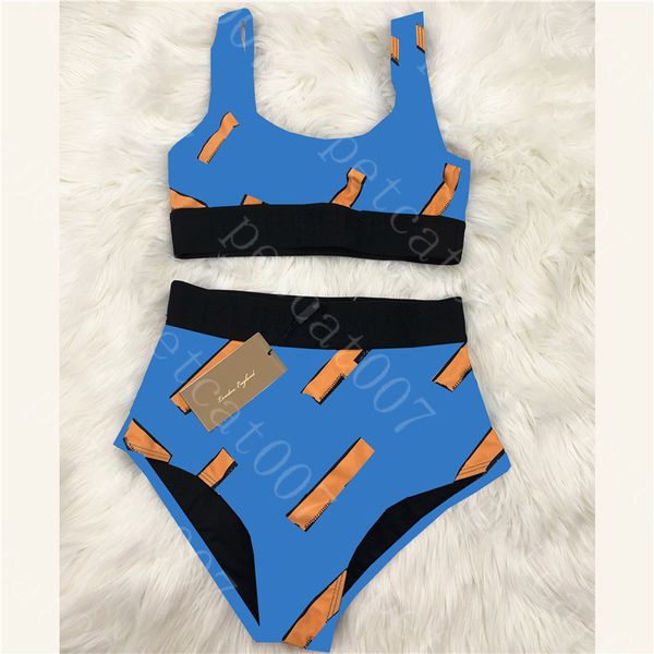 Damen-Sport-Badebekleidung, zweiteiliger Bikini, trendiger Badeanzug mit Buchstabendruck, hohe Taille, Damen-Badeanzug