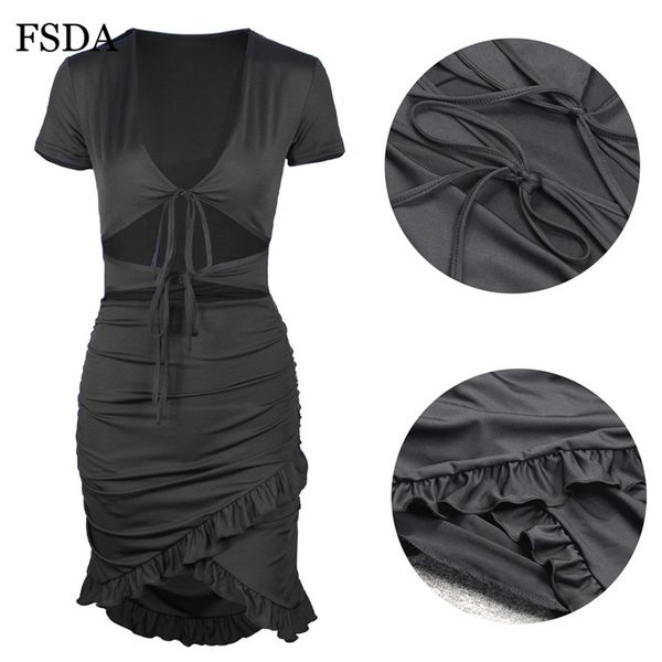 

2021v neck ruffles party dress orange black women summer beach white short sleeve hollow out ruched lace up bow dresses, Black;gray