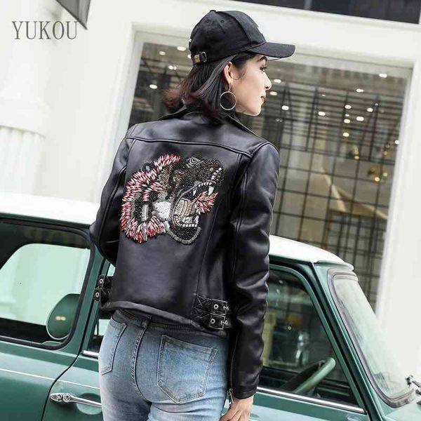 

jackets woman coat fashion female jackets motorcycle clothing real sheepskin leather back of tiger head rivet, Black;brown