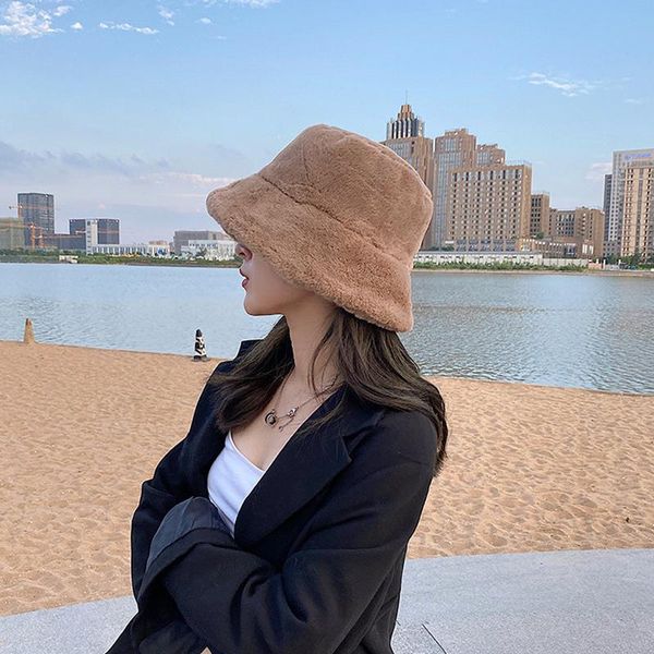 

wide brim hats winter plush women bucket hat fashion solid color panama cap for ladies warm thick faux fur ourdoor fishermen sun, Blue;gray