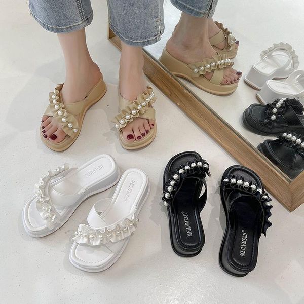 

sandals 2021 arrive summer women thick bottom platform slippers fashion pleated string bead lolita style sweet ladies design, Black