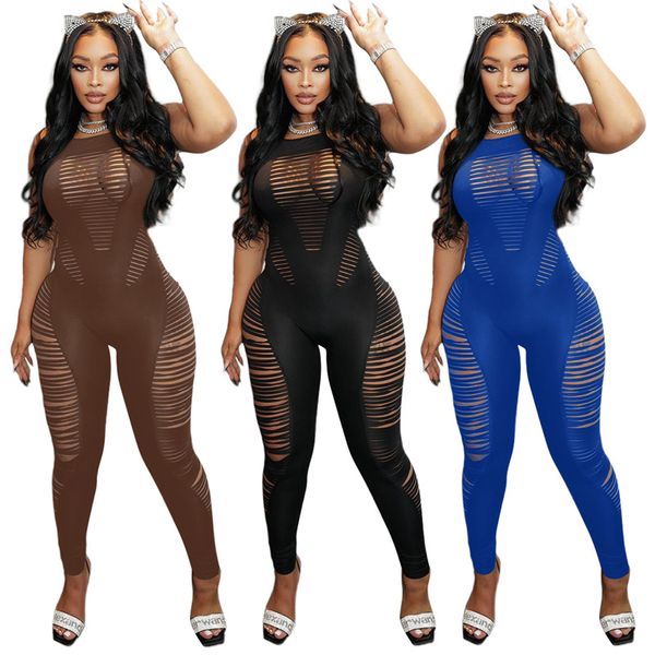 Atacado Jumpsuits Verão Mulheres rasgadas Bodysuits Sexy Hollow Out Signweless Macacões Casuais macacões sólidos Skinny Leggings Night Club Wear Bulk 7032