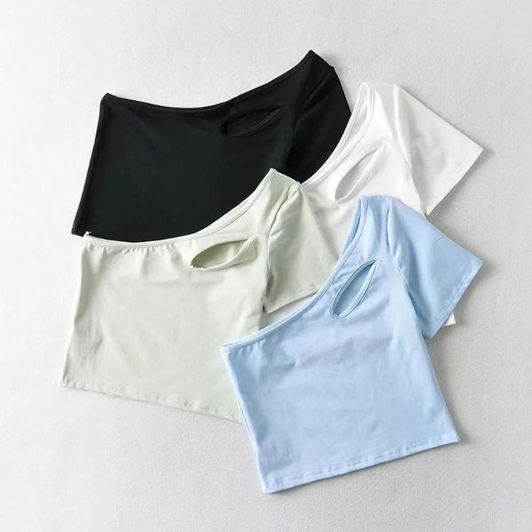 

women's t-shirt casual hollow oblique shoulder short-sleeved summer elastic tight-fitting solid color top, White