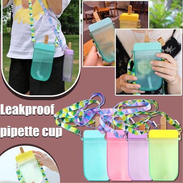 

mugs cute straw water bottle ice cream popsicle cup with shoulder strap