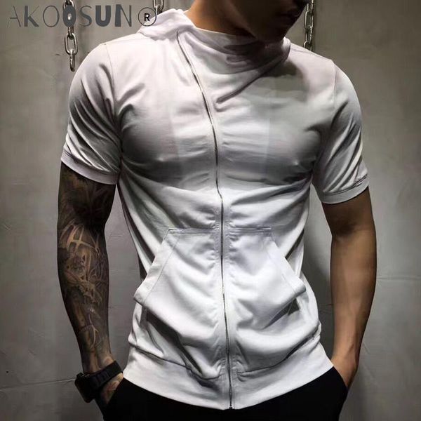 

men's t-shirts 2021 summer tide brand mens diagonal zipper cardigan solid color witch hat tshirt men slim short-sleeved t-shirt male to, White;black