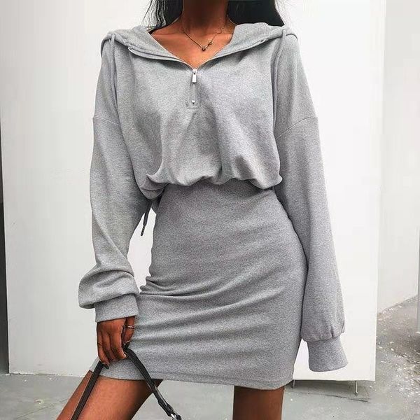 

casual dresses women autumn zip up hooded sweatshirt dress winter female long sleeve slim hoodies solid wrap hip skirt 2ew9, Black;gray