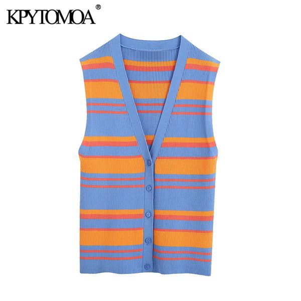 

women fashion single breasted striped knitted vest sweater vintage v neck sleeveless female waistcoat chic 210416, White;black