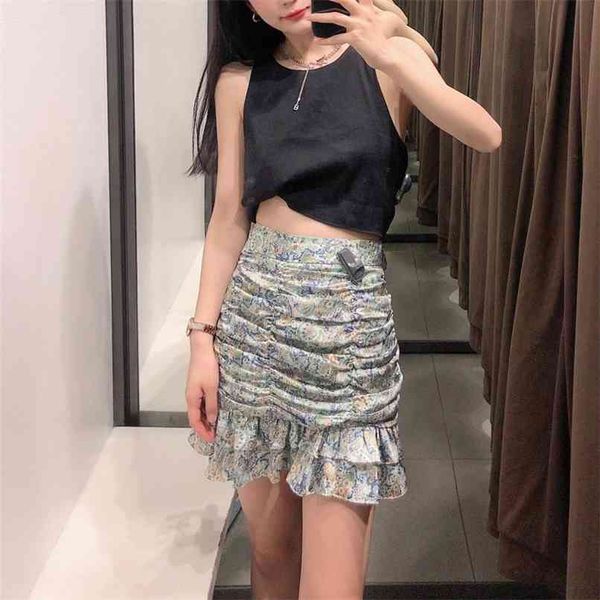 

summer women's casual printed high waist ruffled pleated mini skirt 210430, Black