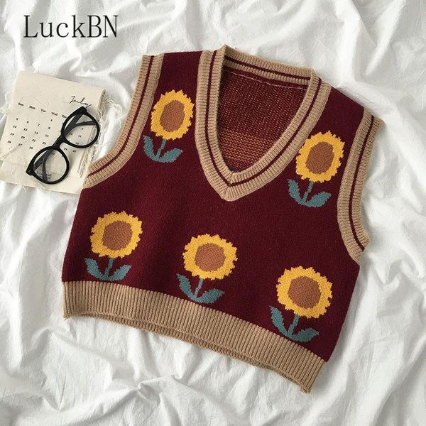 

women's vests women clothing sweater korean style casual vest autumn 2021 jacquard sleeveless v-neck pullover sunflowers knitted fashio, Black;white