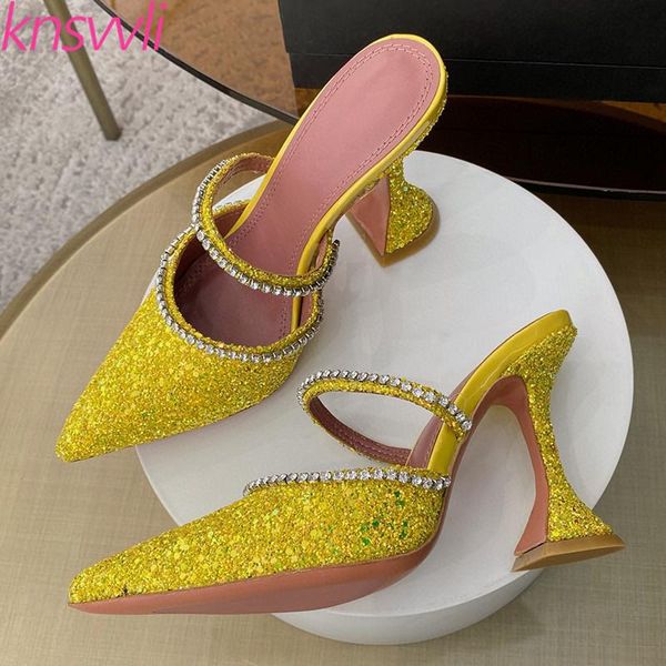 

slippers luxury sequins high heels women pointed toe crystal shoes woman cup heel mules ladies bling party sandals, Black