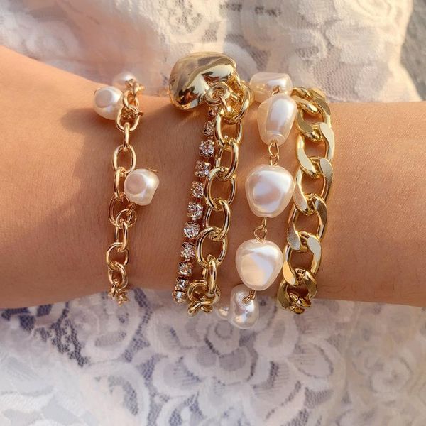 

link, chain punk gothic imitation pearls heart pendant bracelets set pulseras female vintage tennis bangles couple jewelry, Black