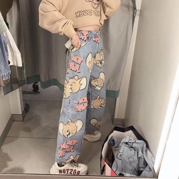 

women's jeans plus size fall and winter fashion loose high waist street clothes printed cartoon straight leg pants, Blue