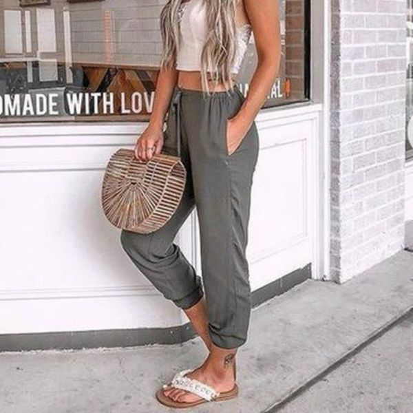 

cotton harem loose spring summer women capri casual beach high elastic waist sweat pocket ankle length trousers female, Black;white