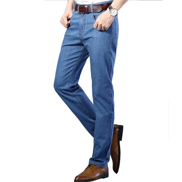 

men's jeans summer classic large size business casual stretch slim black blue man thin denim pants