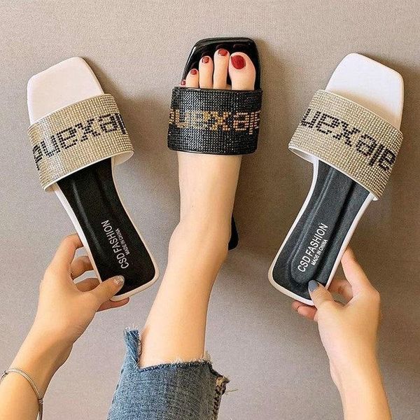 

summer women flip-flops diamond lady slippers flash rhinestone letters sandals crystal beach shoes flat female footwear size 42, Black