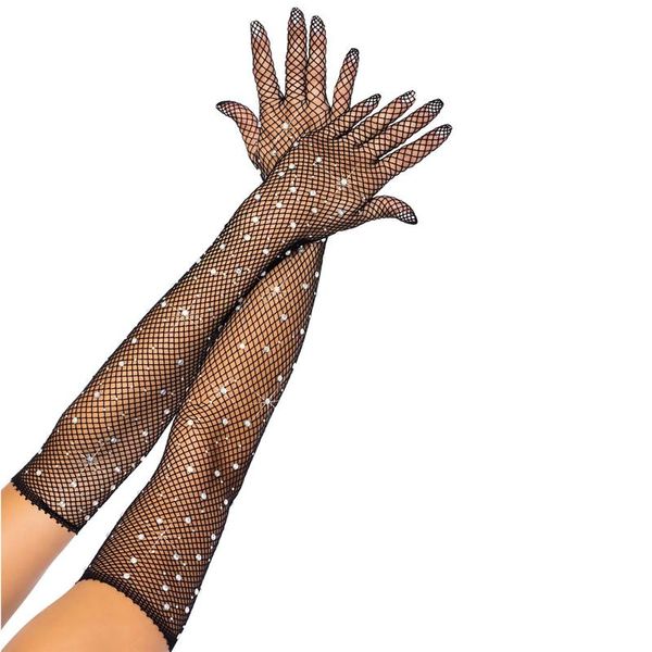 

five fingers gloves stretch rhinestones mesh long flash diamond see-through full finger dancer singer nightclub stage accessories, Blue;gray