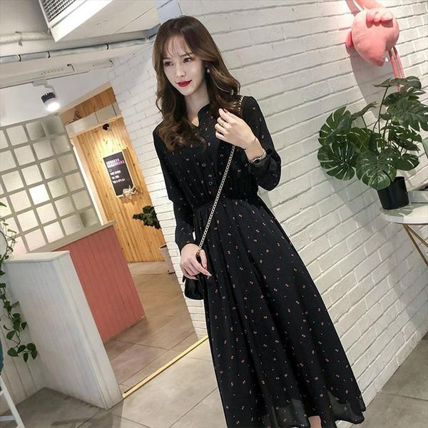 

chiffon one piece long womens dress vintage floral print casual spring autumn shirt sleeve polka dot korean style, Black;gray
