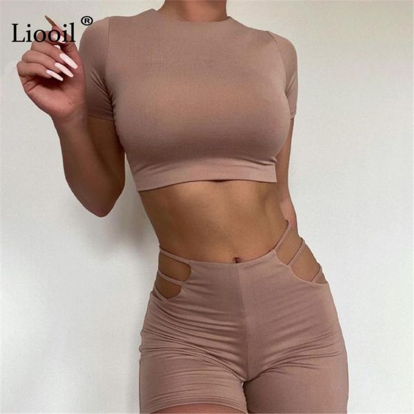

women's tracksuits liooil black two piece tight set short t shirt and shorts summer o neck hollow out women 2pcs outfits sets, Gray