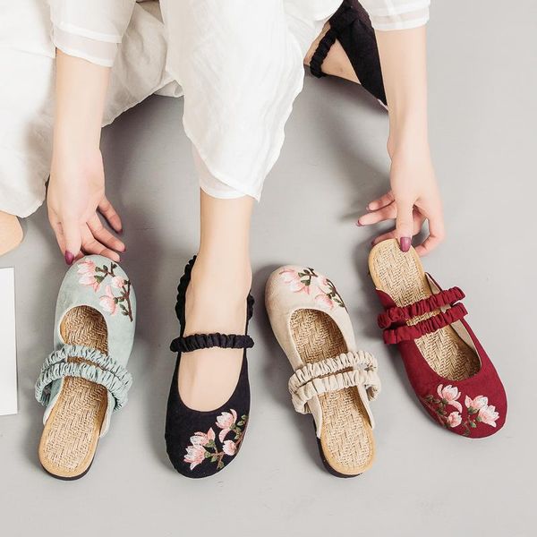 

slippers women casual linen cotton floral embroidery handmade ladies canvas walk soft shoes, Black