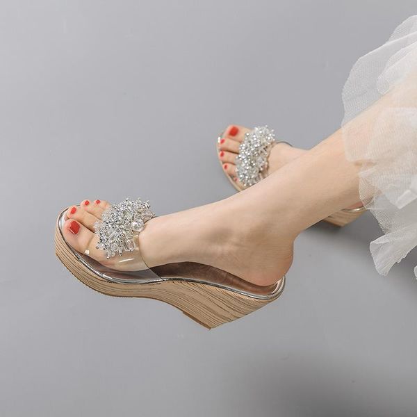 

transparent slippers heels 11cm woman shoes platform crystal heel summer sandal high girls wedge, Black
